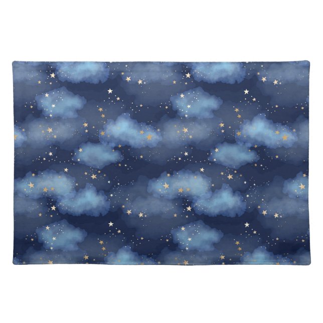 Glitter Gold Stars Dark Blue Sky Pattern Cloth Placemat (Front)