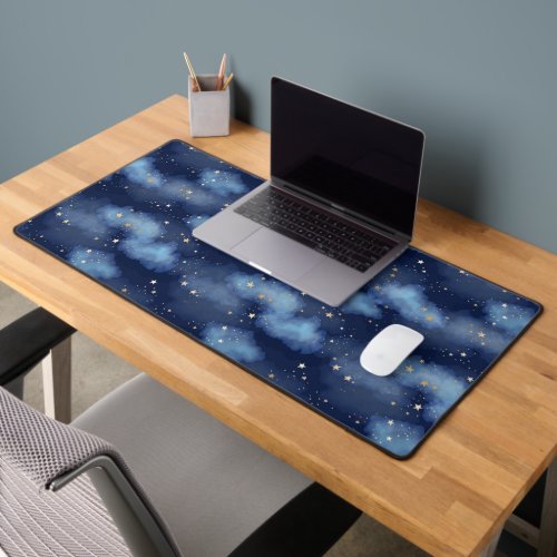 Glitter Gold Stars Dark Blue Sky Pattern Desk Mat