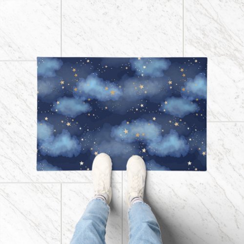 Glitter Gold Stars Dark Blue Sky Pattern Doormat