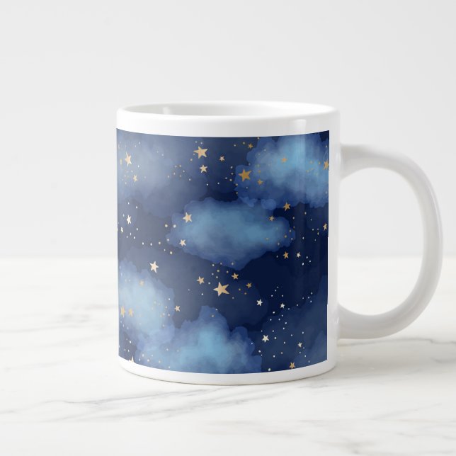 Glitter Gold Stars Dark Blue Sky Pattern Giant Coffee Mug (Right)