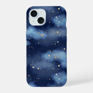 Glitter Gold Stars Dark Blue Sky Pattern iPhone 15 Case