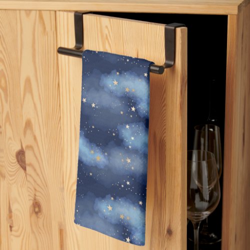 Glitter Gold Stars Dark Blue Sky Pattern Kitchen Towel