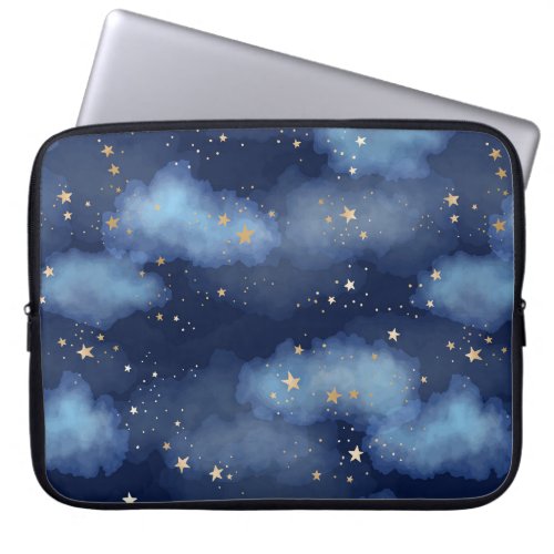 Glitter Gold Stars Dark Blue Sky Pattern Laptop Sleeve