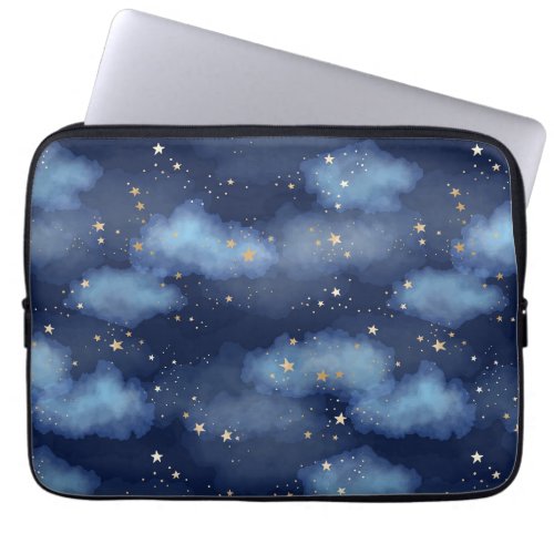 Glitter Gold Stars Dark Blue Sky Pattern Laptop Sleeve