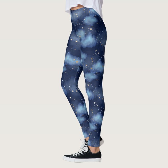 Glitter Gold Stars Dark Blue Sky Pattern Leggings (Left)