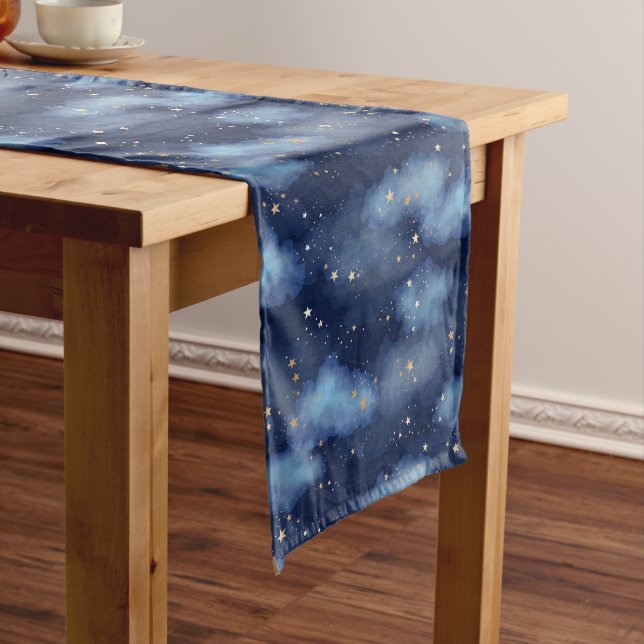 Glitter Gold Stars Dark Blue Sky Pattern Medium Table Runner (In Situ)