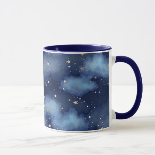 Glitter Gold Stars Dark Blue Sky Pattern Mug