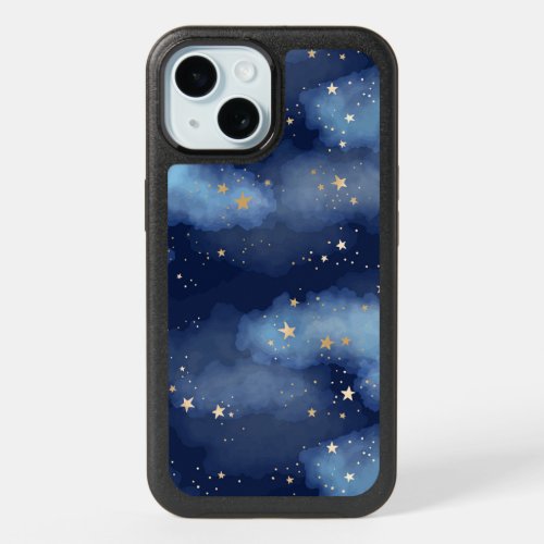 Glitter Gold Stars Dark Blue Sky Pattern iPhone 15 Case