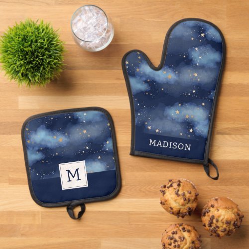 Glitter Gold Stars Dark Blue Sky Pattern Oven Mitt  Pot Holder Set