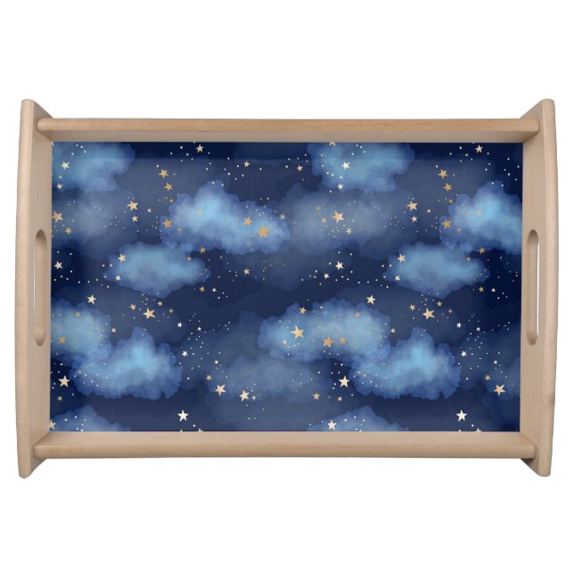 Glitter Gold Stars Dark Blue Sky Pattern Serving Tray (Front)