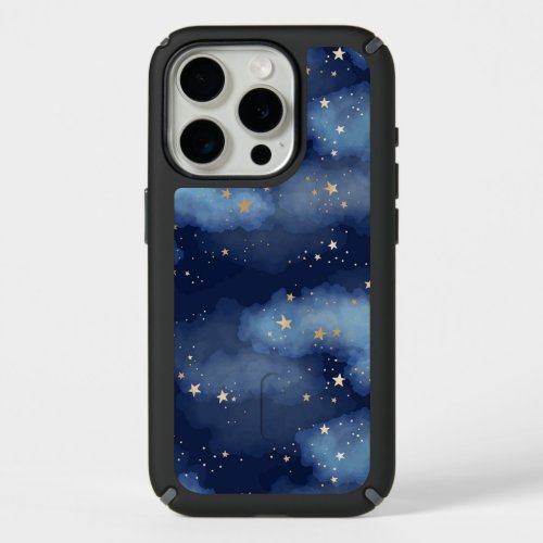 Glitter Gold Stars Dark Blue Sky Pattern iPhone 15 Pro Case