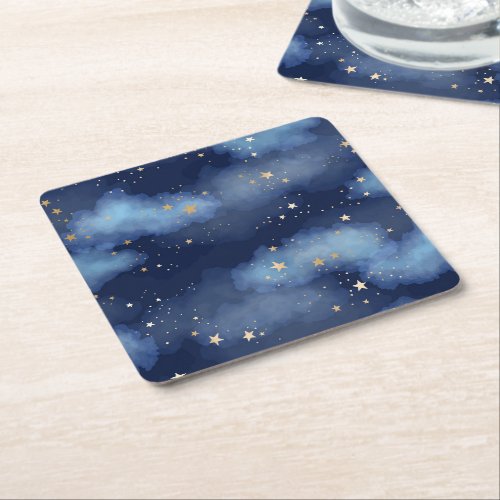 Glitter Gold Stars Dark Blue Sky Pattern Square Paper Coaster