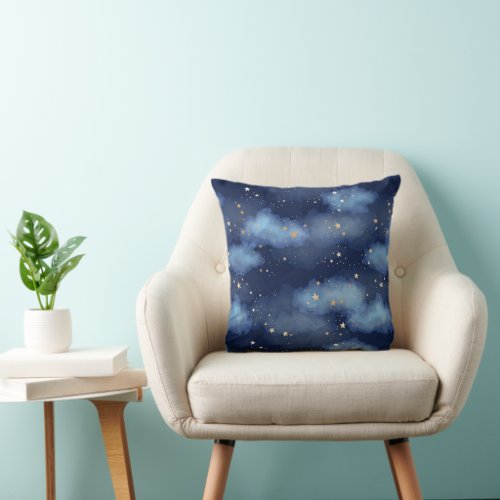 Glitter Gold Stars Dark Blue Sky Pattern Throw Pillow