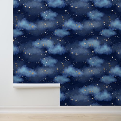 Glitter Gold Stars Dark Blue Sky Pattern Wallpaper