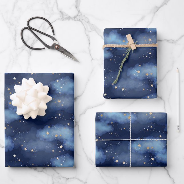 Glitter Gold Stars Dark Blue Sky Pattern Wrapping Paper Sheets (Front)