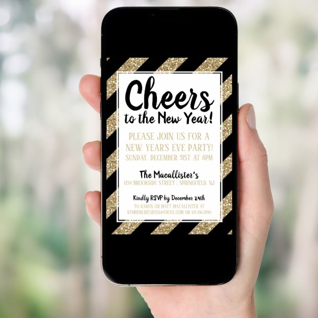 Glitter Gold Stripe Cheers to the New Year! Invitation (Front Digital)