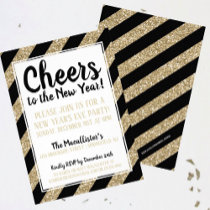 Glitter Gold Stripe Cheers to the New Year! Invitation