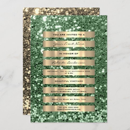 Glitter Gold Stripes Champagne Blush Mint Greenery Invitation