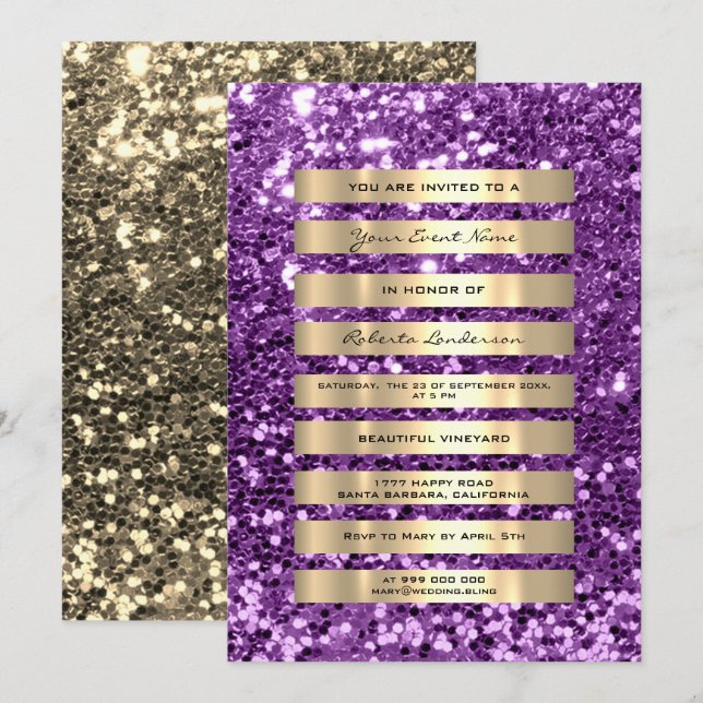 Glitter Gold Stripes Champagne Blush Violet Purple Invitation (Front/Back)