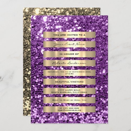 Glitter Gold Stripes Champagne Blush Violet Purple Invitation