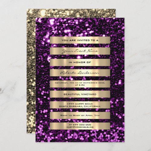 Glitter Gold Stripes Champagne Ultra Violet Purple Invitation