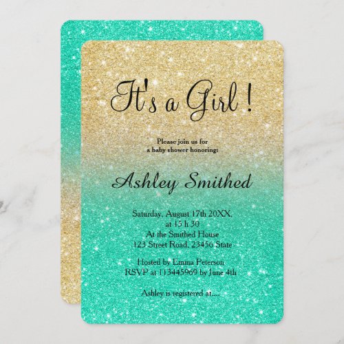 Glitter gold turquoise ombre girl baby shower invitation