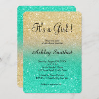 Glitter gold turquoise ombre girl baby shower invitation