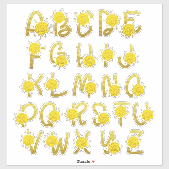 Glitter Gold Yellow Floral Monogram A to Z Letters Sticker (Sheet)