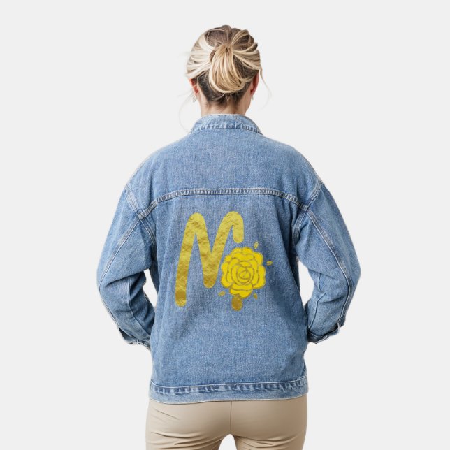 Glitter Gold Yellow Floral Monogram M Womens Denim Jacket (Model)