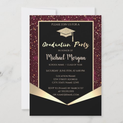 Glitter Grad CapConfetti Burgundy Graduation  Invitation