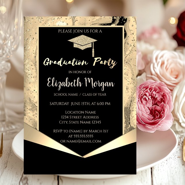 Glitter Grad Cap,Confetti Gold Marble Graduation  Invitation (Creator Uploaded)