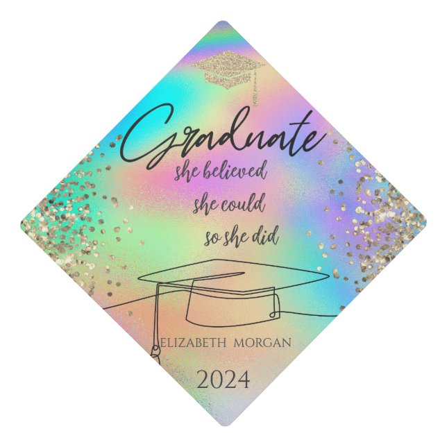  Glitter Grad Cap,Confetti Rainbow Holographic Graduation Cap Topper (Front)