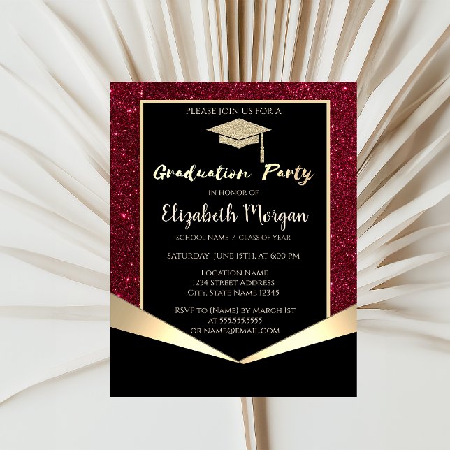 Glitter Grad Cap,Confetti Red Glitter Graduation  Invitation (Creator Uploaded)