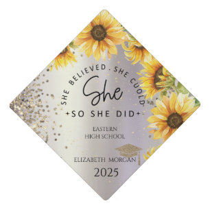 Glitter Grad Cap,Confetti Sunflowers She Believed Graduation Cap Topper