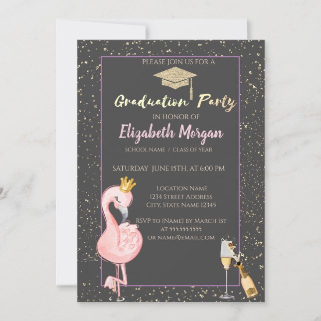 Glitter Grad Cap,Confetti,Wine,Flamingo Crown Invitation (Front)