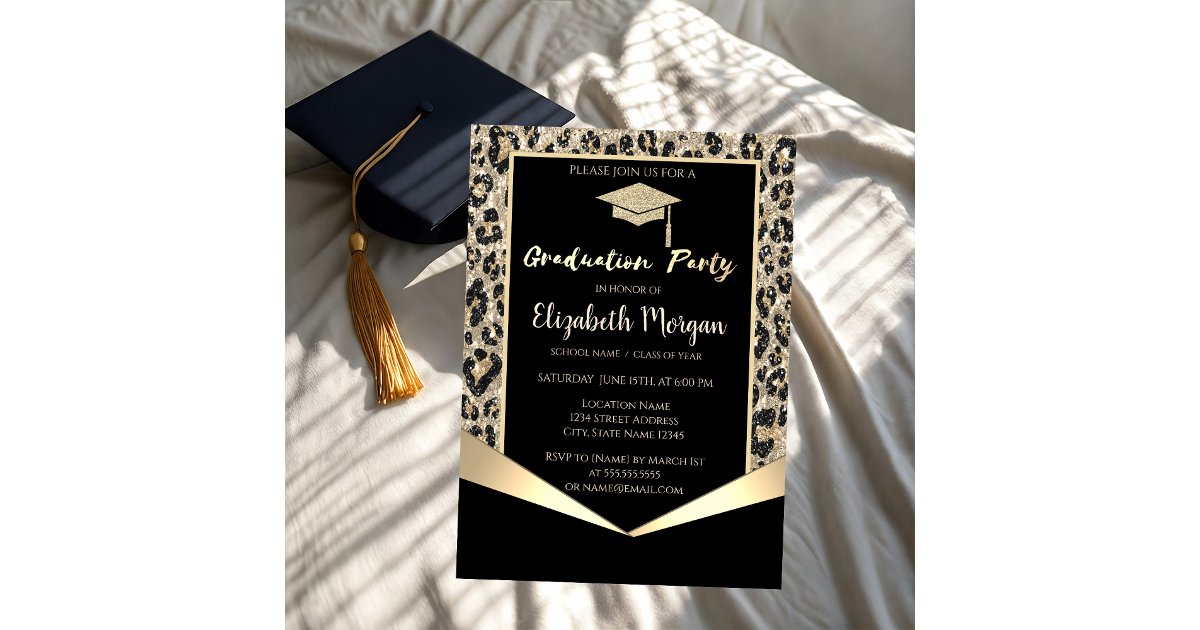 Leopard Graduation Invitations Glitter Grad Cap,Glitter Leopard Graduation Invitation | Zazzle