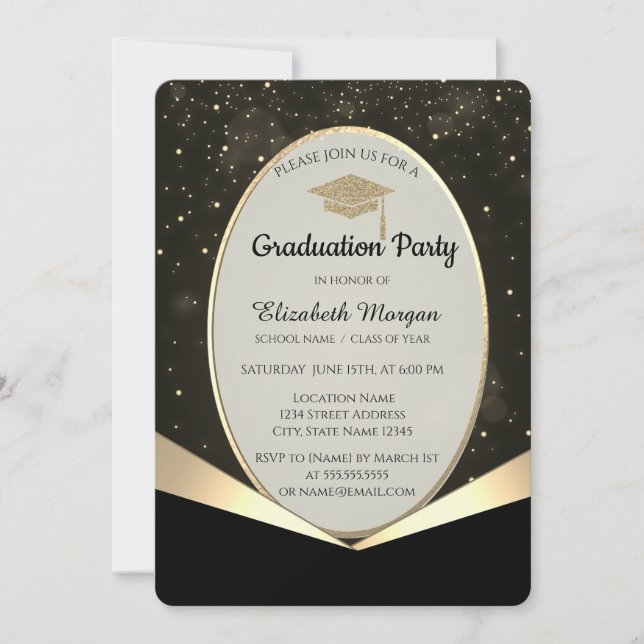 Glitter Grad Cap,Gold Confetti Graduation  Invitation (Front)