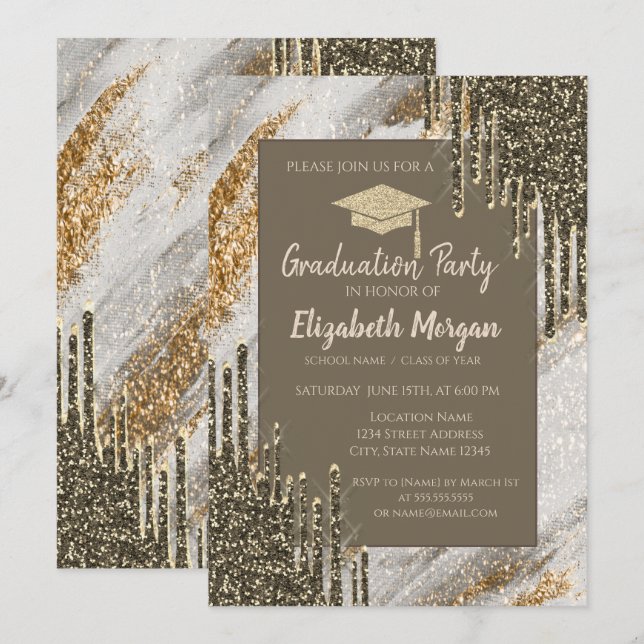 Glitter Grad Cap,Gold Drips,Glitter Graduation Invitation (Front/Back)