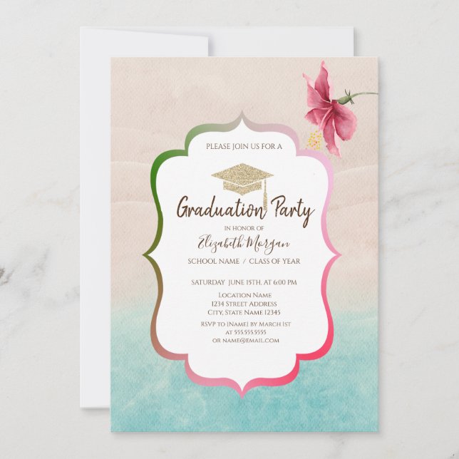 Glitter Grad Cap Hibiscus Beach Graduation  Invitation (Front)