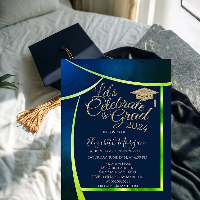 Glitter Grad Cap Navy Blue Green Frame Graduation Invitation (Creator Uploaded)