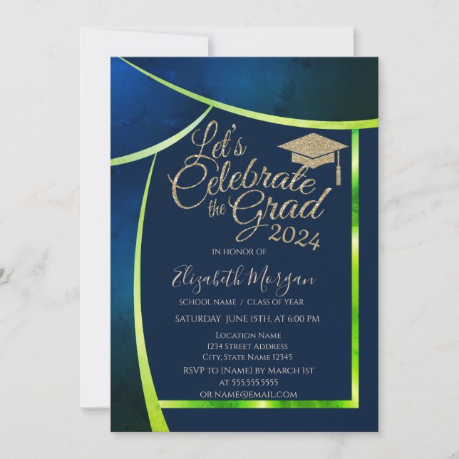 Glitter Grad Cap Navy Blue Green Frame Graduation Invitation (Front)