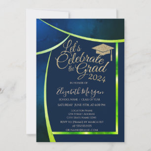Glitter Grad Cap Navy Blue Green Frame Graduation Invitation