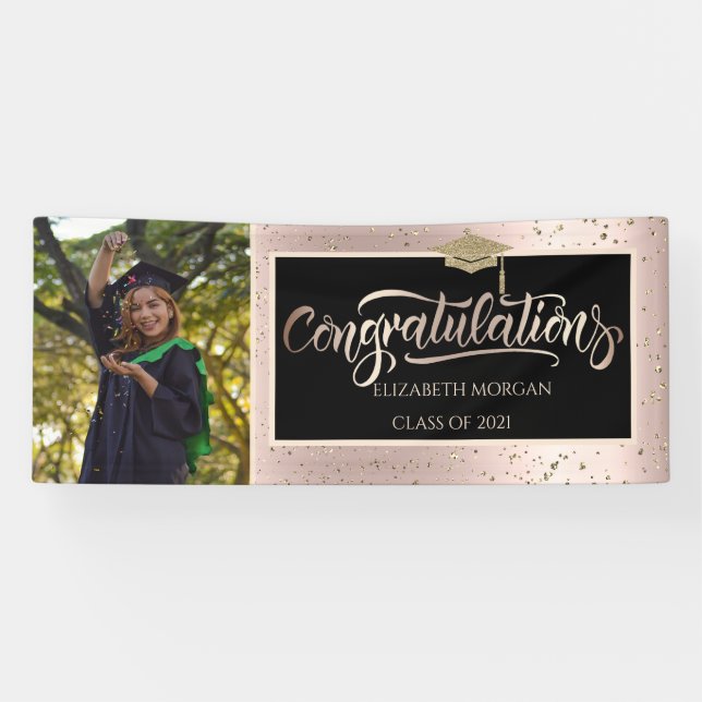 Glitter Grad Cap,Photo Rose Gold Graduation Banner (Horizontal)