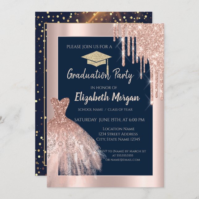 Glitter Grad Cap,Rose Gold Drips,Dress Navy Blue Invitation (Front/Back)
