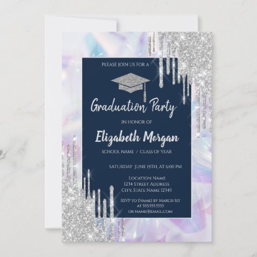 Glitter Grad CapSilver DripsOpal Holographic Invitation