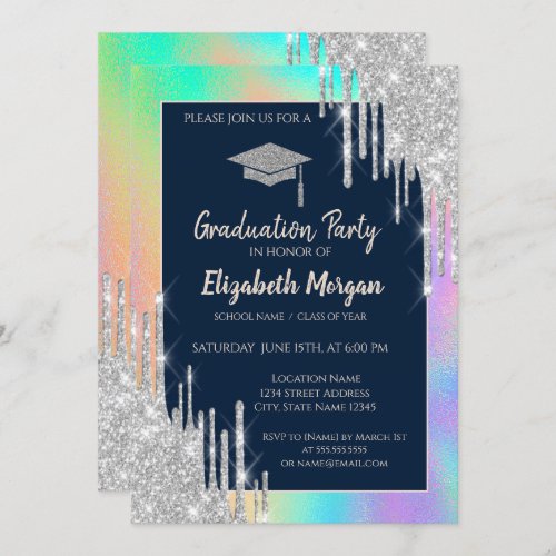 Glitter Grad CapSilver DripsRainbow Holographic Invitation