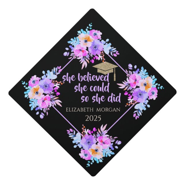 Glitter Grad Cap,Violet Spring Flowers Graduation Cap Topper (Front)
