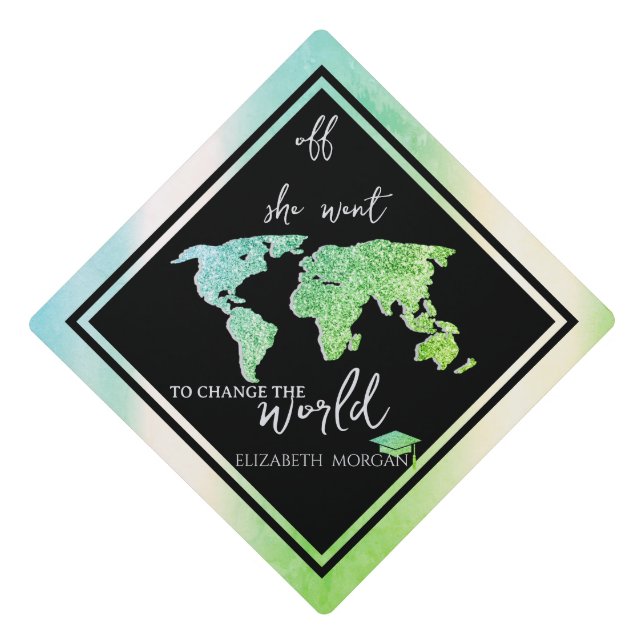 Glitter Grad Cap World Map Green Graduation (Front)