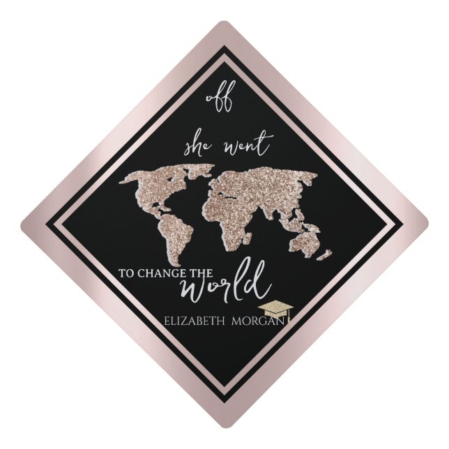 Glitter Grad Cap World Map Rose Gold Graduation (Front)