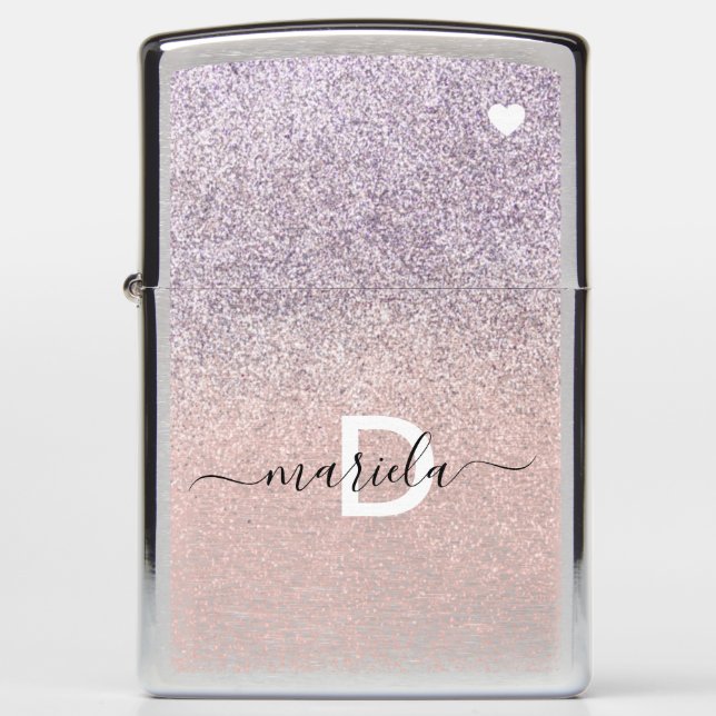 Glitter Gradient Pink Purple Mini Heart Script Zippo Lighter (Front)